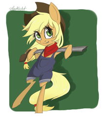 Size: 950x1050 | Tagged: safe, artist:silbersternenlicht, applejack, earth pony, pony, g4, bipedal, clothes, female, gun, hat, shotgun, solo