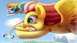 Size: 1600x900 | Tagged: safe, artist:zoiby, fluttershy, rainbow dash, g4, flying, sonic rainboom