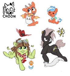 Size: 1852x2010 | Tagged: safe, artist:psychoon, oc, oc only, oc:soulbreath, bird, dragon, pegasus, pony, unicorn, baby, clothes, earring, feather, female, flying, goggles, male, mare, scarf, screwdriver, stallion, wrench