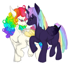 Size: 1050x935 | Tagged: dead source, safe, artist:toastiepony, oc, oc only, oc:eventide crescent, oc:morningstar prism, alicorn, pony, alicorn oc, duo, female, mare, rainbow hair