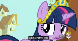 Size: 573x304 | Tagged: safe, screencap, twilight sparkle, g4, magical mystery cure, aids, big crown thingy, crown, element of magic, female, hiv, hub logo, meme, solo, youtube caption