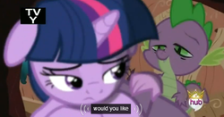 Size: 570x298 | Tagged: safe, edit, edited screencap, screencap, spike, twilight sparkle, dragon, pony, unicorn, g4, magical mystery cure, caption, crown, female, hub logo, male, mare, meme, out of context, stoner spike, tv rating, youtube caption