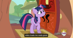 Size: 571x303 | Tagged: safe, screencap, twilight sparkle, g4, magical mystery cure, crown, female, hub logo, meme, solo, video, youtube caption