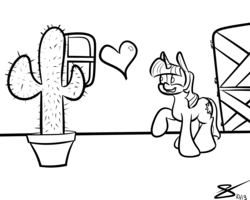 Size: 3000x2400 | Tagged: safe, artist:s8ansglory, twilight sparkle, pony, unicorn, g4, black and white, cactus, cactwi, cargo ship, crack shipping, female, grayscale, heart, mare, monochrome, potted plant, raised hoof, saguaro cactus, shipping, solo, unicorn twilight