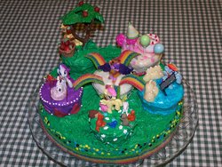 Size: 1024x768 | Tagged: safe, artist:insanity-ensues, applejack, fluttershy, pinkie pie, rainbow dash, rarity, twilight sparkle, alicorn, fox, hedgehog, pony, rabbit, raccoon, squirrel, g4, apple, balloon, basket, cake, edible, female, food, food art, hat, irl, mane six, mare, party hat, photo, rainbow, toy, twilight sparkle (alicorn)