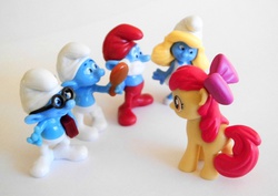 Size: 1024x726 | Tagged: safe, apple bloom, g4, blind bag, brainy smurf, figure, irl, papa smurf, photo, smurfette, smurfs, toy, vanity smurf, wrong neighborhood