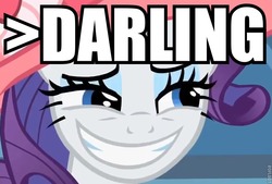 Size: 728x493 | Tagged: safe, edit, edited screencap, screencap, rarity, pony, unicorn, g4, sweet and elite, caption, close-up, cropped, darling, female, greentext, hat, horn, image macro, implying, mare, solo, text