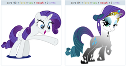 Size: 530x280 | Tagged: safe, rarity, changeling, derpibooru, g4, exploitable meme, juxtaposition, juxtaposition win, meme, meta, reaction