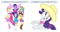 Size: 549x289 | Tagged: safe, applejack, fluttershy, pinkie pie, rainbow dash, rarity, twilight sparkle, derpibooru, equestria girls, g4, exploitable meme, juxtaposition, mane six, meme, meta, reaction