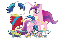 Size: 615x393 | Tagged: safe, princess cadance, shining armor, alicorn, pony, unicorn, g4, female, horn art online, male, mare, ship:shiningcadance, shipping, stallion, straight, sword art online