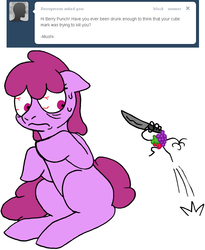 Size: 686x835 | Tagged: safe, artist:skoon, berry punch, berryshine, earth pony, pony, ask berry punch, g4, ask, cutie mark, female, knife, solo, sweat, tumblr, wat