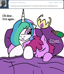 Size: 628x733 | Tagged: safe, artist:skoon, berry punch, berryshine, princess celestia, ask berry punch, g4, ask, bed, sleeping, tumblr
