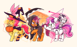 Size: 1280x786 | Tagged: safe, artist:jopiter, apple bloom, scootaloo, sweetie belle, earth pony, pegasus, pony, robot, robot pony, unicorn, g4, blank flank, candy, clothes, costume, cutie mark crusaders, eyes closed, female, filly, foal, grim reaper, halloween, hooves, horn, laser, nightmare night, nightmare night costume, open mouth, pumpkin bucket, rocket launcher, scythe, smiling, sweetie bot, teeth, trick or treat, weapon, witch