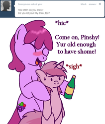 Size: 632x749 | Tagged: safe, artist:skoon, berry punch, berryshine, ruby pinch, earth pony, pony, unicorn, ask berry punch, g4, ask, bad parenting, bipedal, blushing, bottle, drunk, duo, duo female, female, filly, foal, mare, mother and child, mother and daughter, underaged drinking