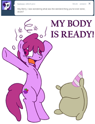 Size: 649x847 | Tagged: safe, artist:skoon, berry punch, berryshine, madame leflour, earth pony, pony, ask berry punch, g4, ask, bipedal, derp, female, hat, open mouth, party hat, solo, text, y pose
