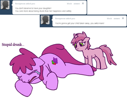 Size: 923x719 | Tagged: safe, artist:skoon, berry punch, berryshine, ruby pinch, pony, unicorn, ask berry punch, g4, abuse, ask, crying, duo, duo female, eyes closed, female, filly, mare