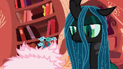 Size: 1280x720 | Tagged: safe, artist:mixermike622, queen chrysalis, oc, oc:fluffle puff, changeling, changeling queen, g4, animated, blinking, book, candy, female, flower, golden oaks library, halloween, nightmare night, rubber duck, vase