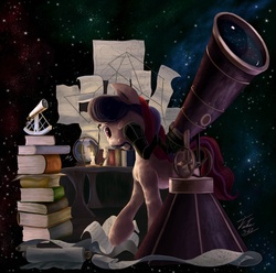 Size: 900x891 | Tagged: safe, artist:tsitra360, oc, oc only, astronomy, book, pile, solo, stargazing, starry backdrop, telescope