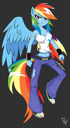 Size: 1744x3152 | Tagged: safe, artist:amostheartman, rainbow dash, anthro, g4, belly button, clothes, cutie mark on clothes, female, missing wing, pants, ripped pants, shoes, sneakers, solo, spread wings, tank top, wings