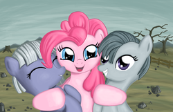 Size: 1130x730 | Tagged: safe, artist:genbulein, limestone pie, marble pie, pinkie pie, g4, group hug, looking at you, pie sisters, rock farm, trio