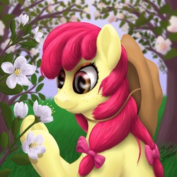 Size: 1200x1200 | Tagged: safe, artist:bluespaceling, apple bloom, g4, female, flower, hat, older, older apple bloom, solo