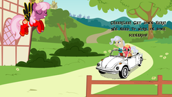 Size: 1024x576 | Tagged: safe, artist:slippytheweasel, big macintosh, cheerilee, mayor mare, earth pony, pony, g4, greatest american hero, greatest equestrian pony, male, stallion, super suit, superhero, tv show, volkswagen, volkswagen beetle