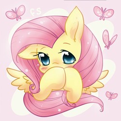 Size: 766x762 | Tagged: dead source, safe, artist:yukandasama, fluttershy, g4, blushing, covering, cute, female, floppy ears, looking at you, pixiv, shy, shyabetes, solo, spread wings