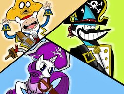 Size: 1022x781 | Tagged: safe, artist:billybones0704, rarity, g4, adventure time, bicorne, cosplay, finn the human, hat, jake the dog, male, mordecai, pirate, regular show, the pirates band of misfits, the pirates in an adventure with scientists