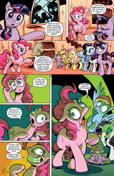 Size: 1444x2222 | Tagged: safe, edit, idw, applejack, fluttershy, pinkie pie, rainbow dash, rarity, spike, twilight sparkle, dragon, earth pony, pegasus, pony, unicorn, zombie, g4, comic, comic book, drool, female, golden oaks library, horn, ke$ha, male, mane seven, mane six, mare, parody, ponies unbridled, slasher smile, slit throat gesture, smiling, spike is not amused, tongue out, unamused, unicorn twilight, wingless spike