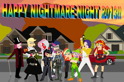 Size: 1101x725 | Tagged: safe, artist:garretthegarret, apple bloom, applejack, babs seed, fluttershy, pinkie pie, rainbow dash, rarity, scootaloo, sunset shimmer, sweetie belle, twilight sparkle, devil, equestria girls, g4, batman, charlie and the chocolate factory, cutie mark crusaders, dr. insano, freddie mercury, mane six, nightmare night, roald dahl, two-face, willy wonka, zorro