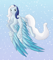 Size: 2500x2833 | Tagged: safe, artist:rikakitty, silver glow, pegasus, pony, g3, 2011, colored wings, female, flying, light blue background, mare, multicolored wings, simple background, snow, solo, wings, wings down