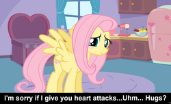 Size: 1600x973 | Tagged: safe, fluttershy, pegasus, pony, g4, blushing, bronybait, caption, carpet, cs captions, female, kitchen, mare, solo