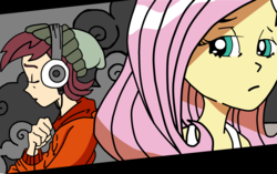Size: 2000x1255 | Tagged: safe, idw, official comic, fluttershy, normal norman, equestria girls, g4, spoiler:comic, spoiler:comicannual2013, background human, clothes, colored, headphones, hoodie