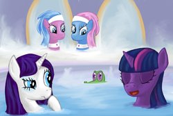 Size: 1095x730 | Tagged: safe, artist:shade-os, aloe, gummy, lotus blossom, rarity, twilight sparkle, g4, spa, spa twins