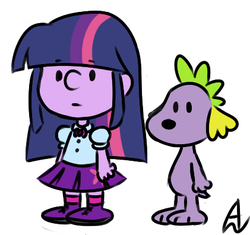 Size: 421x396 | Tagged: safe, artist:acesrockz, spike, twilight sparkle, dog, equestria girls, g4, charles m schulz, peanuts, spike the dog, style emulation