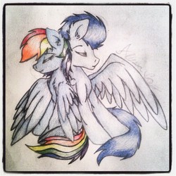 Size: 1024x1024 | Tagged: safe, artist:skysparkthepegasus, rainbow dash, soarin', g4, female, male, ship:soarindash, shipping, straight, traditional art