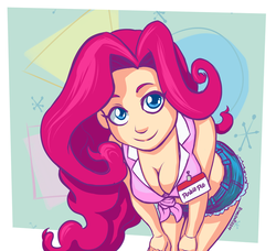 Size: 900x819 | Tagged: safe, artist:romanrazor, pinkie pie, human, beautiful, beautisexy, bent over, blue eyes, breasts, busty pinkie pie, cleavage, clothes, cute, daisy dukes, denim shorts, diapinkes, downblouse, female, front knot midriff, hands on thighs, happy, humanized, looking at you, midriff, name tag, sexy, smiling, solo, sultry pose, waitress