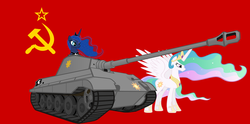 Size: 1200x597 | Tagged: safe, artist:lucascccp, princess celestia, princess luna, g4, german, hammer and sickle, king tiger, soviet union, tank (vehicle)