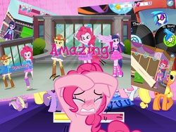 Size: 2048x1536 | Tagged: safe, gameloft, applejack, dj pon-3, fluttershy, pinkie pie, spike, twilight sparkle, vinyl scratch, equestria girls, g4, app, blushing, crying, embarrassed, equestria girls drama, humiliation, scary