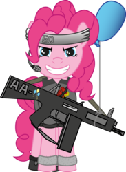 Size: 764x1046 | Tagged: safe, artist:karpiupl, pinkie pie, g4, aa-12, balloon, female, grin, gun, headset, operator, shells, shotgun, solo