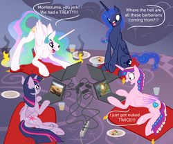 Size: 3000x2500 | Tagged: safe, artist:silfoe, princess cadance, princess celestia, princess luna, twilight sparkle, alicorn, pony, g4, alicorn tetrarchy, alternate hairstyle, angry, braid, civilization, civilization v, computer, concave belly, cup, dialogue, faic, female, fire, frown, game night, gamer cadance, gamer celestia, gamer twi, gamer twilight, growling, hair curlers, lan party, laptop computer, lying down, mare, on side, open mouth, physique difference, pizza, plate, rage-shift, sad, sisters-in-law, sitting, sleepover, slender, surprised, teary eyes, thin, this will end in daybreaker, twilight sparkle (alicorn), video game