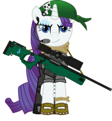 Size: 860x929 | Tagged: safe, artist:karpiupl, rarity, pony, unicorn, g4, badass, female, gun, head wrap, headset, hooves, horn, looking at you, mare, optical sight, rifle, simple background, smiling, sniper, sniper rifle, solo, transparent background, weapon