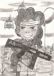 Size: 750x1066 | Tagged: safe, artist:karpiupl, pinkie pie, g4, aa-12, background pony, balloon, clothes, grin, gun, helicopter, shells, shotgun, sketch, uniform