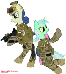 Size: 842x949 | Tagged: safe, artist:orang111, bon bon, lyra heartstrings, sweetie drops, earth pony, pony, unicorn, g4, an/peq-15, ar-15, camouflage, clothes, eotech, female, gun, helmet, holographic sight, kac mk18, knight's armaments company, lbt 6094, mare, mich2002, military, multicam, simple background, transparent background, uniform, weapon