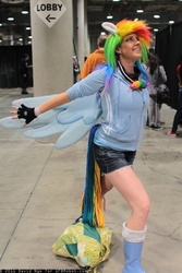 Size: 683x1024 | Tagged: safe, artist:dtjaaaam, rainbow dash, human, g4, clothes, comikaze expo, comikaze expo 2011, cosplay, fingerless gloves, gloves, irl, irl human, photo, solo, wings