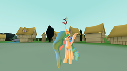 Size: 2732x1536 | Tagged: safe, discord, princess celestia, alicorn, pony, g4, 3d, duo, house, looking up, spread wings, tree, wings