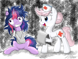 Size: 1024x768 | Tagged: safe, artist:flutterthrash, nurse redheart, twilight sparkle, g4, anthrax, asylum, duo, heavy metal, insanity, madhouse, song reference, straitjacket, twilight snapple