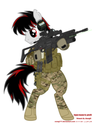 Size: 774x1032 | Tagged: safe, artist:orang111, oc, oc only, pony, ag36, assault rifle, bipedal, clothes, g36, grenade launcher, gun, headset, infantry, military, noob tube, solo, uniform, weapon