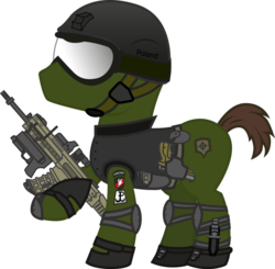 Size: 903x885 | Tagged: safe, artist:karpiupl, oc, oc only, adaptive combat rifle, ag36, assault rifle, bushmaster acr, grenade launcher, grom, gun, helmet, infantry, magpul masada, military, poland, solo, weapon