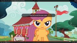 Size: 1366x768 | Tagged: safe, screencap, scootaloo, turnabout storm, g4, double rainboom puppet, female, flag, looking at you, screenshot failure, solo, youtube